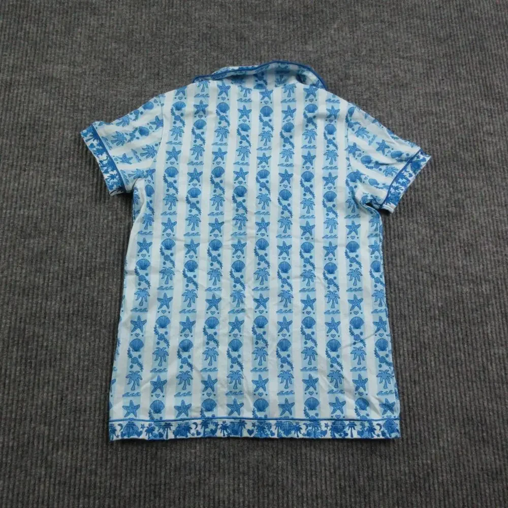 PINK Pajama Top Womens 2XS Blue Striped Palm Puff 100% Supima Cotton Collared